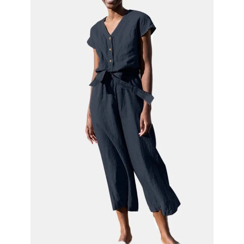 Casual jumpsuit i hør-look med knapper og bindebånd