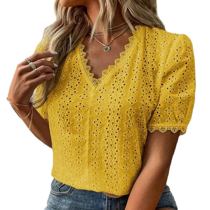 Dames Blouse Korte Mouw – Relaxed Fit – Katoen – Oogjespatroon – V-Hals met Randafwerking
