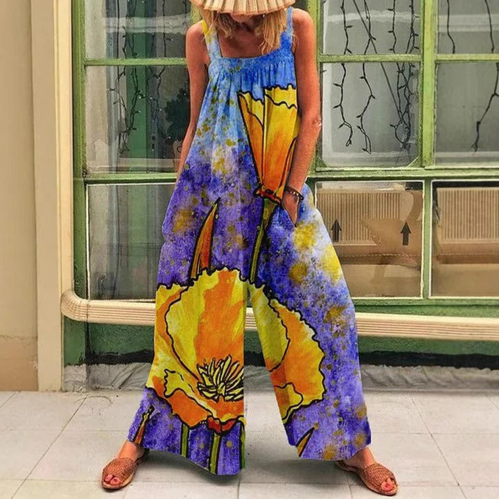 Løs Jumpsuit med Marmoreret Print og Brede Stropper