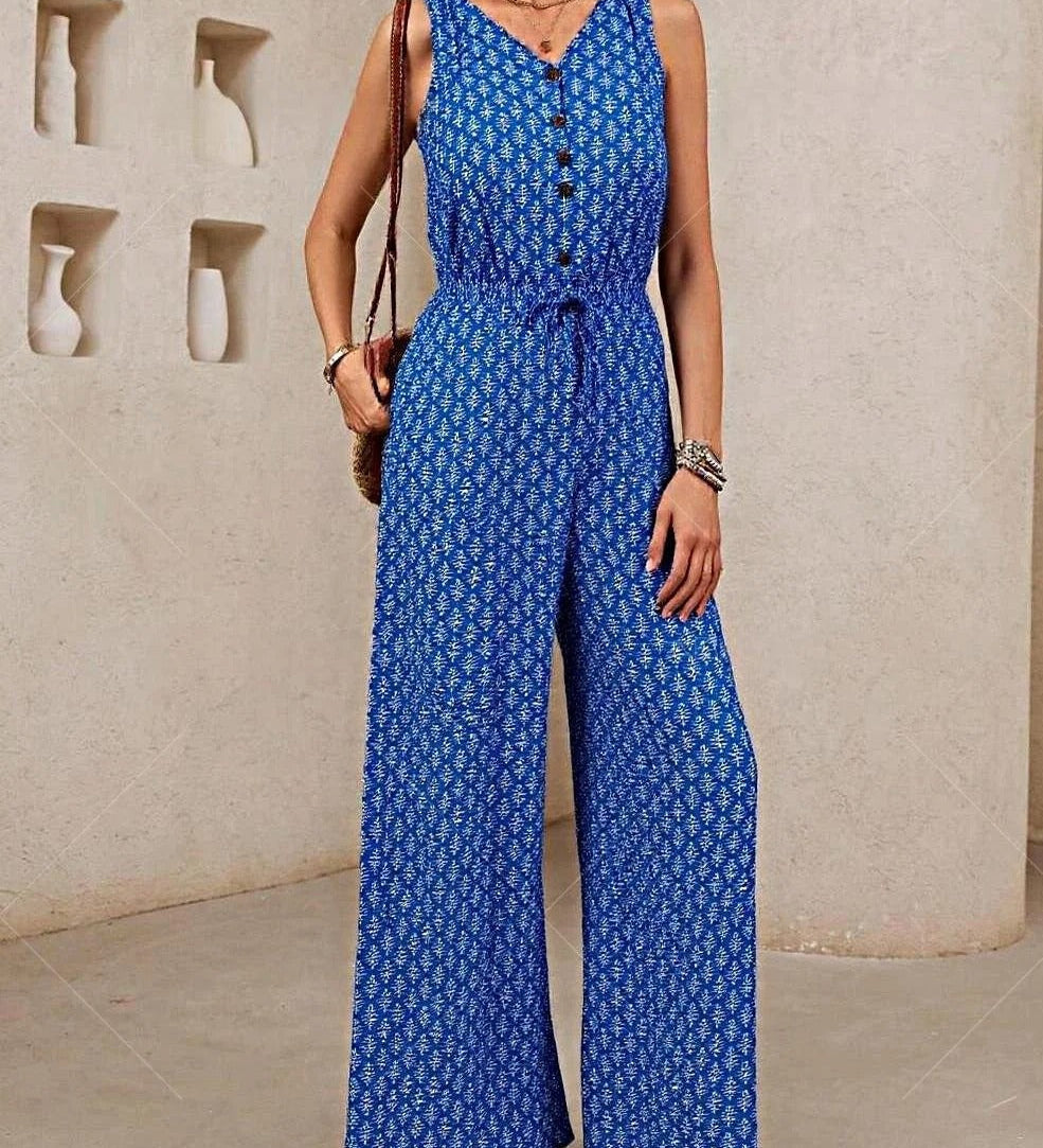Ærmeløs Mønstret Jumpsuit med Knapper og Bindebånd