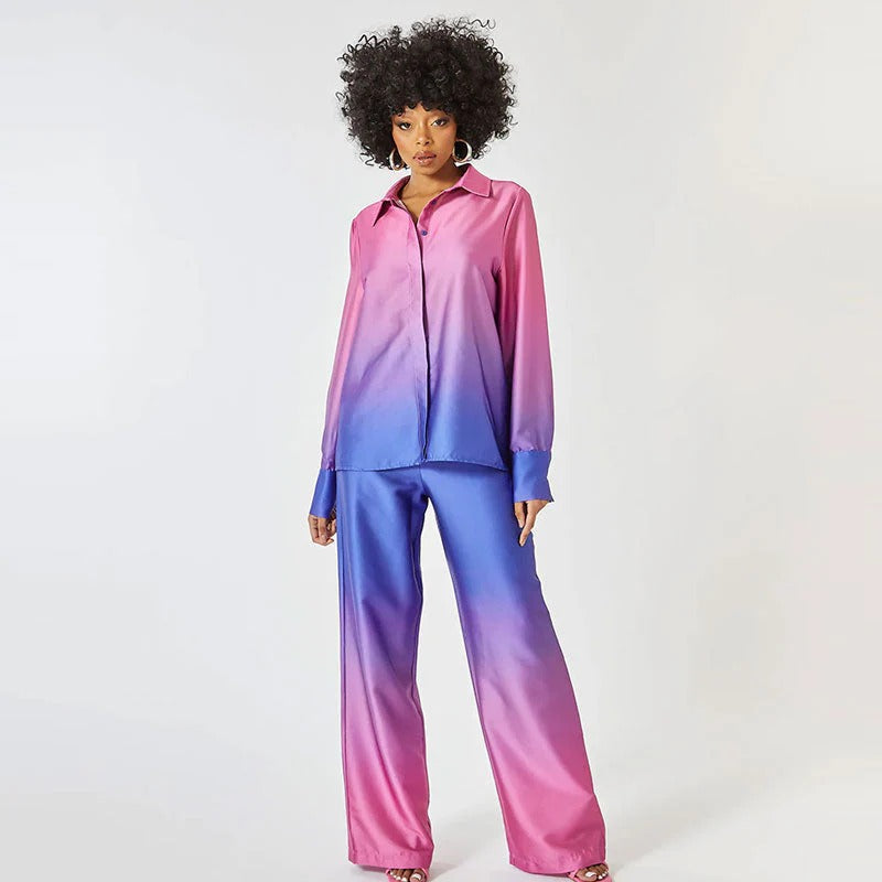 Satin jumpsuit med skjorte-look og ombré design