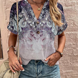 Boho Dame Bluse med Mønster og Knapper – Let og Stilfuld
