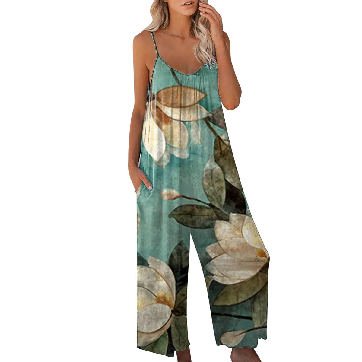 Løs Jumpsuit med Print og Spaghettistropper