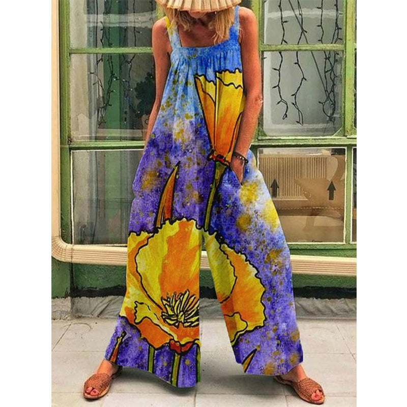 Boheme Jumpsuit med Store Blomster og Løs Pasform