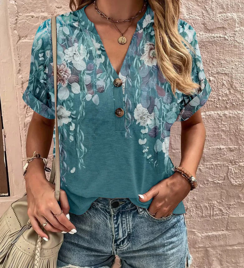 Boho Dame Bluse med Mønster og Knapper – Let og Stilfuld