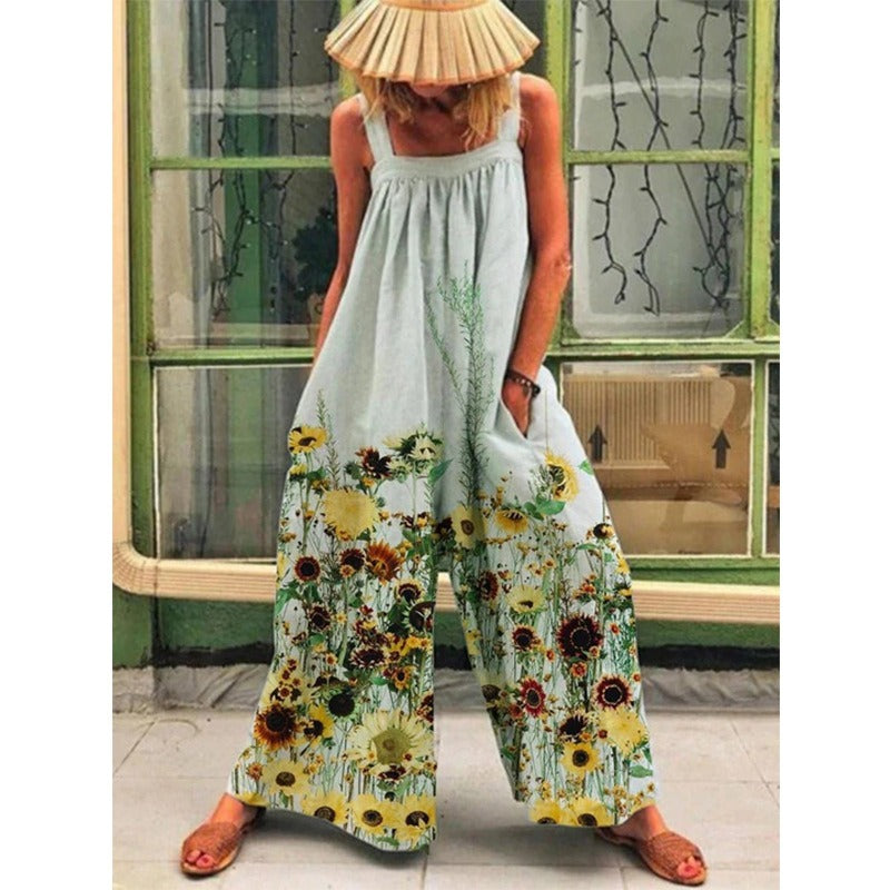 Boheme Jumpsuit med Store Blomster og Løs Pasform