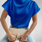 Satin Bluse med Høj Hals og Korte Ærmer