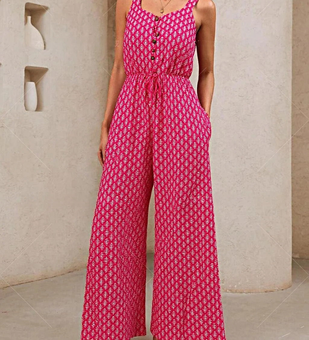 Ærmeløs Mønstret Jumpsuit med Knapper og Bindebånd