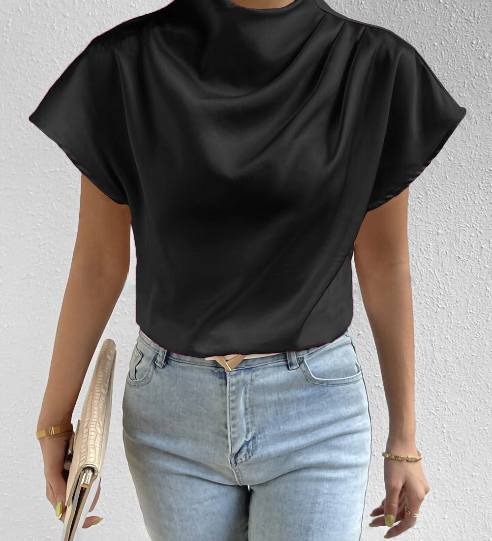 Satin Bluse med Høj Hals og Korte Ærmer