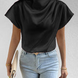 Satin Bluse med Høj Hals og Korte Ærmer