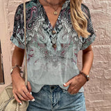 Boho Dame Bluse med Mønster og Knapper – Let og Stilfuld
