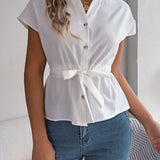 Dame Bluse med Taljebånd og Knapper – Elegant og Feminin