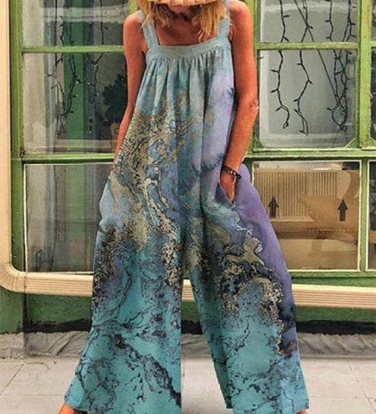 Boheme Jumpsuit med Store Blomster og Løs Pasform