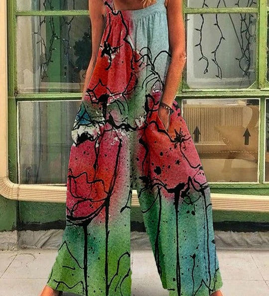 Boheme Jumpsuit med Store Blomster og Løs Pasform