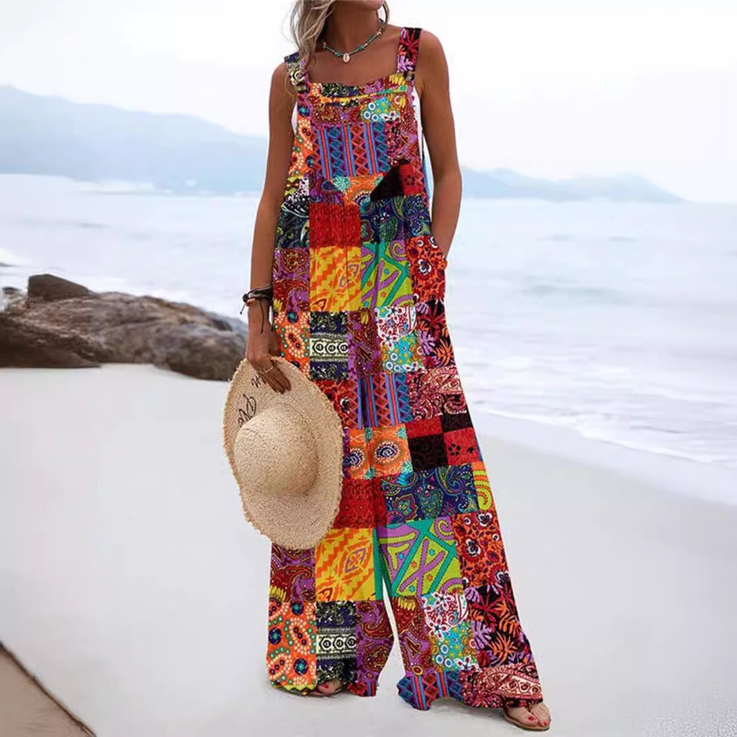 Løs Jumpsuit med Blomsterprint og Stropper