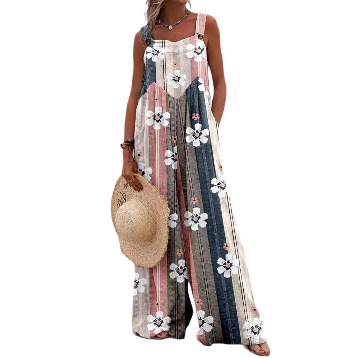 Løs Jumpsuit med Blomsterprint og Stropper