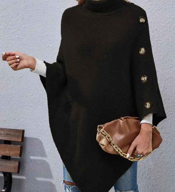 Poncho dame med knapper og høj hals