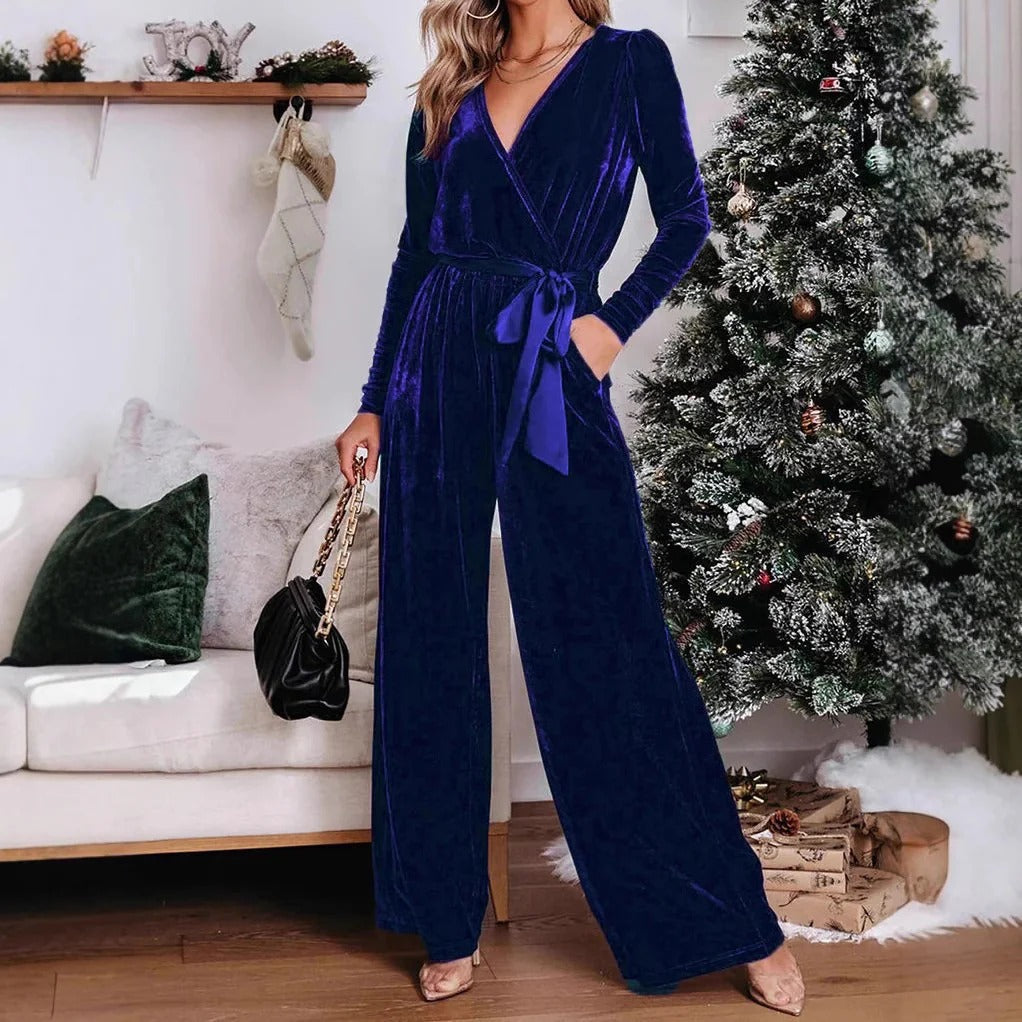 Velour jumpsuit med slå-om effekt og bindebælte