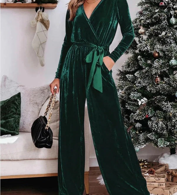 Velour jumpsuit med slå-om effekt og bindebælte