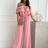 Off-Shoulder Jumpsuit med Flæser og Bindebånd – Lys-Kobenhavn