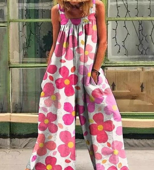 Løs Jumpsuit med Marmoreret Print og Brede Stropper