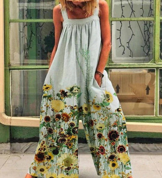 Løs Jumpsuit med Marmoreret Print og Brede Stropper