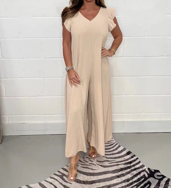 Jumpsuit med Flæseærmer og V-udskæring