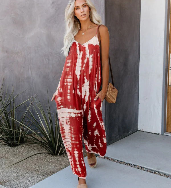 Løs Jumpsuit med Tie-Dye Print og Tynde Stropper