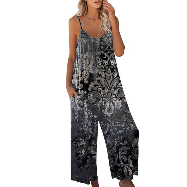 Løs Jumpsuit med Print og Spaghettistropper