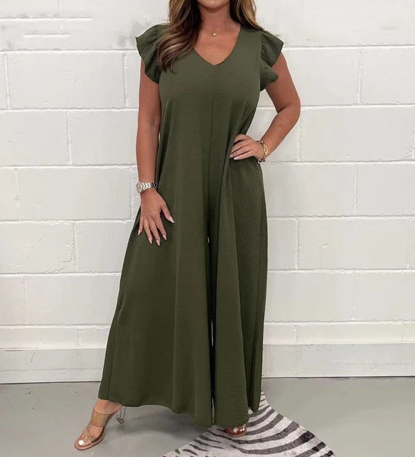 Jumpsuit med Flæseærmer og V-udskæring