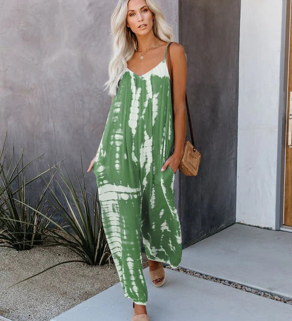 Løs Jumpsuit med Tie-Dye Print og Tynde Stropper