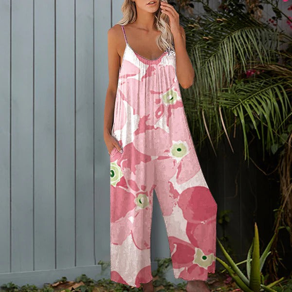 Løs Jumpsuit med Print og Spaghettistropper