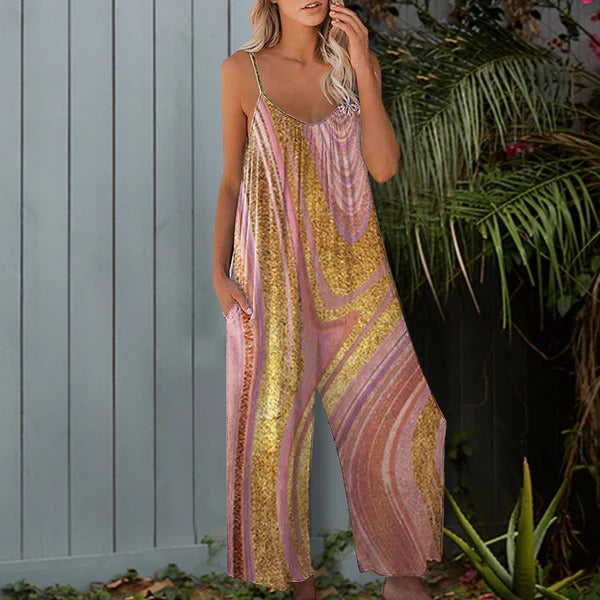 Løs Jumpsuit med Print og Spaghettistropper