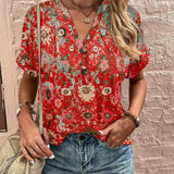Boho Dame Bluse med Mønster og Knapper – Let og Stilfuld