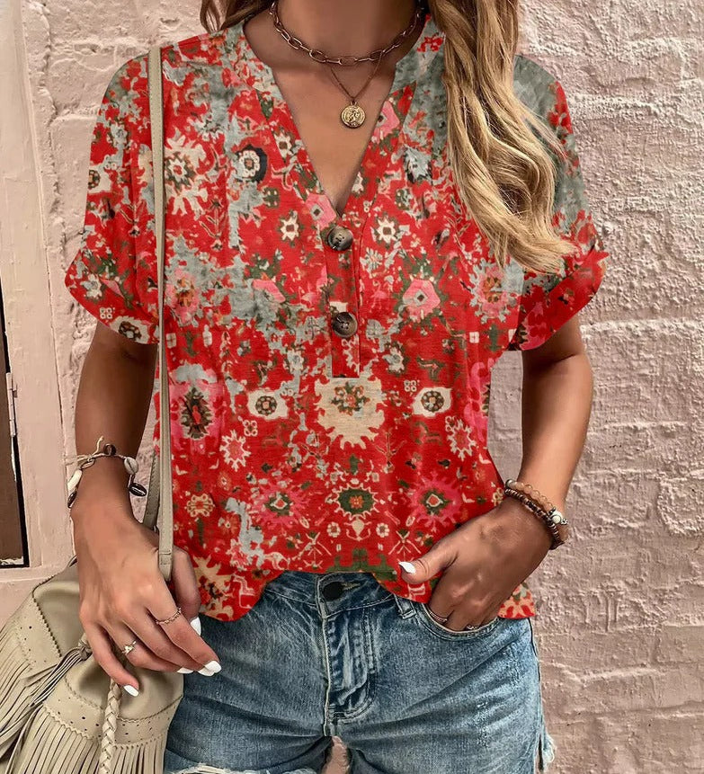 Boho Dame Bluse med Mønster og Knapper – Let og Stilfuld