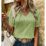 Dames Blouse Korte Mouw – Relaxed Fit – Katoen – Oogjespatroon – V-Hals met Randafwerking