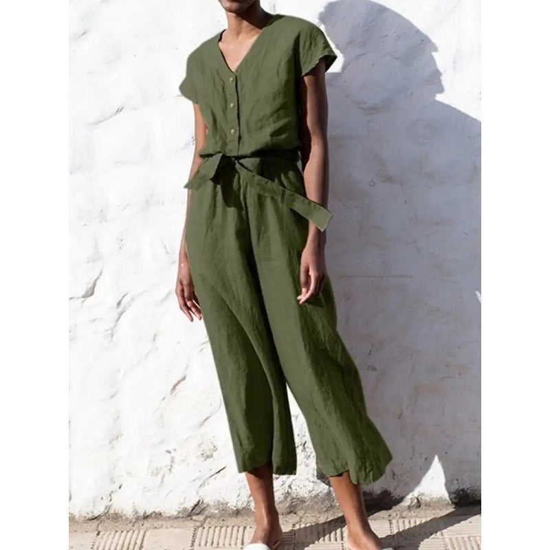 Casual jumpsuit i hør-look med knapper og bindebånd