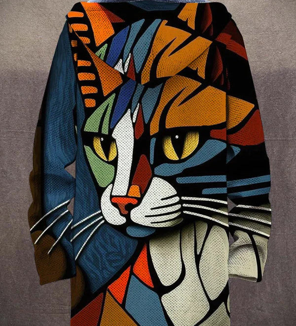 Kunstinspireret Hættecardigan med Grafisk Design og Moderne Stil
