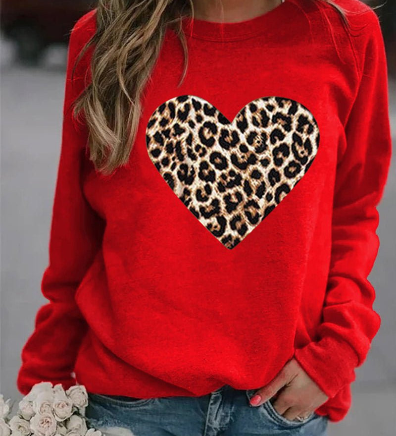 Sweatshirt med Leopardhjerte og Rund Hals