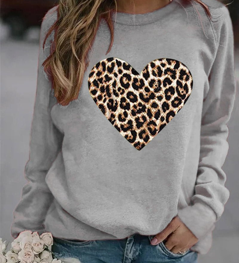 Sweatshirt med Leopardhjerte og Rund Hals