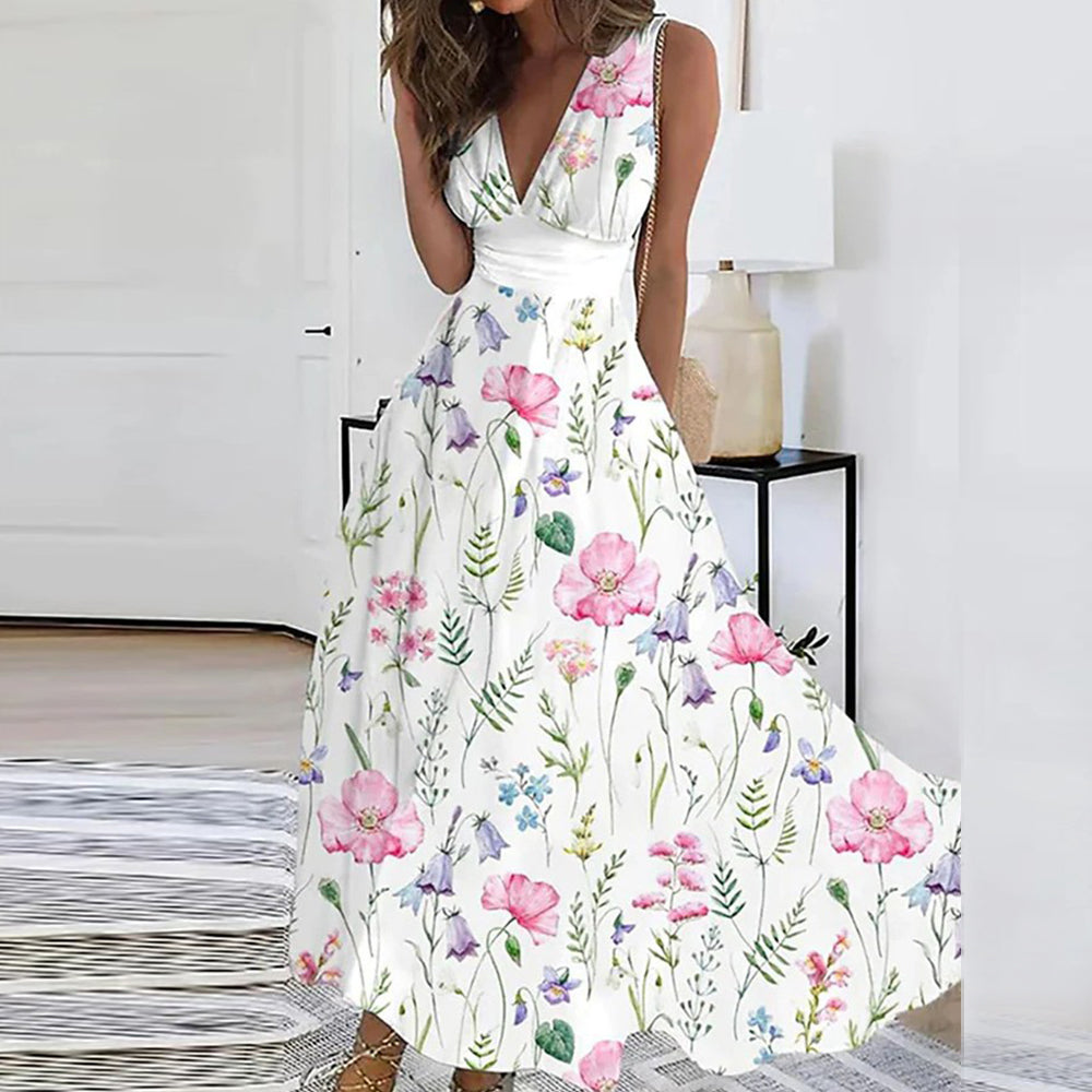 Sommerkjole med blomsterprint – Elegant maxikjole med V-udskæring