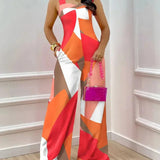 Farverig Jumpsuit med Grafisk Print og Brede Ben