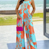 Farverig Jumpsuit med Grafisk Print og Brede Ben