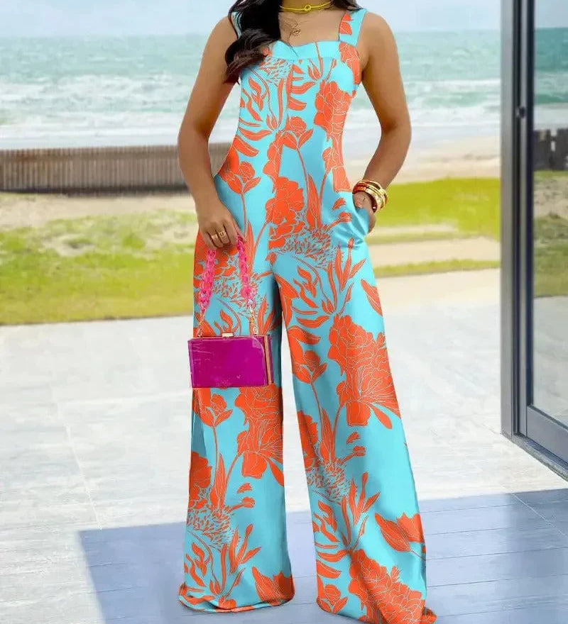 Farverig Jumpsuit med Grafisk Print og Brede Ben