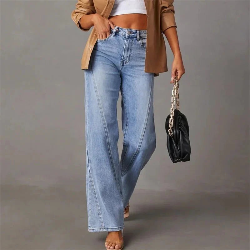 Højtaljede wide-leg jeans med synlige sømme – trendy og flatterende
