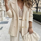 Ribbet cardiganblazer med guldknapper og revers