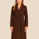 Lang elegant damefrakke i uldlook med bælte og dobbeltradet design