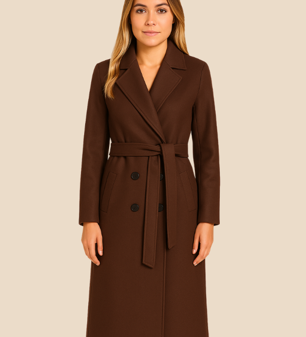 Lang elegant damefrakke i uldlook med bælte og dobbeltradet design