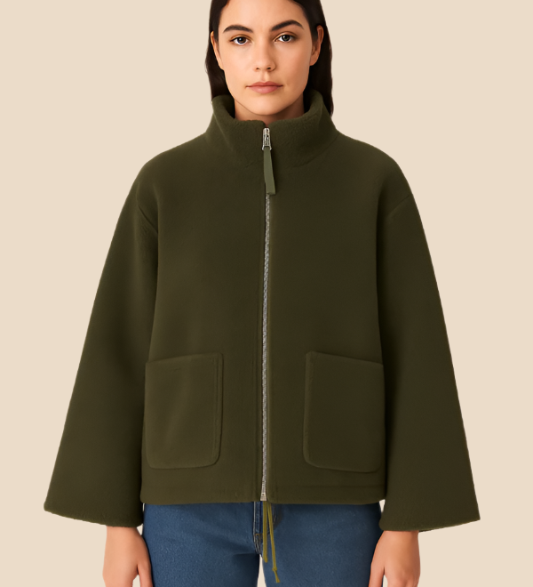 Blød teddy fleecejakke til kvinder med høj krave og lynlås