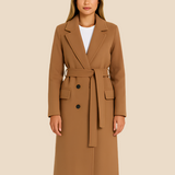 Lang elegant damefrakke i uldlook med bælte og dobbeltradet design